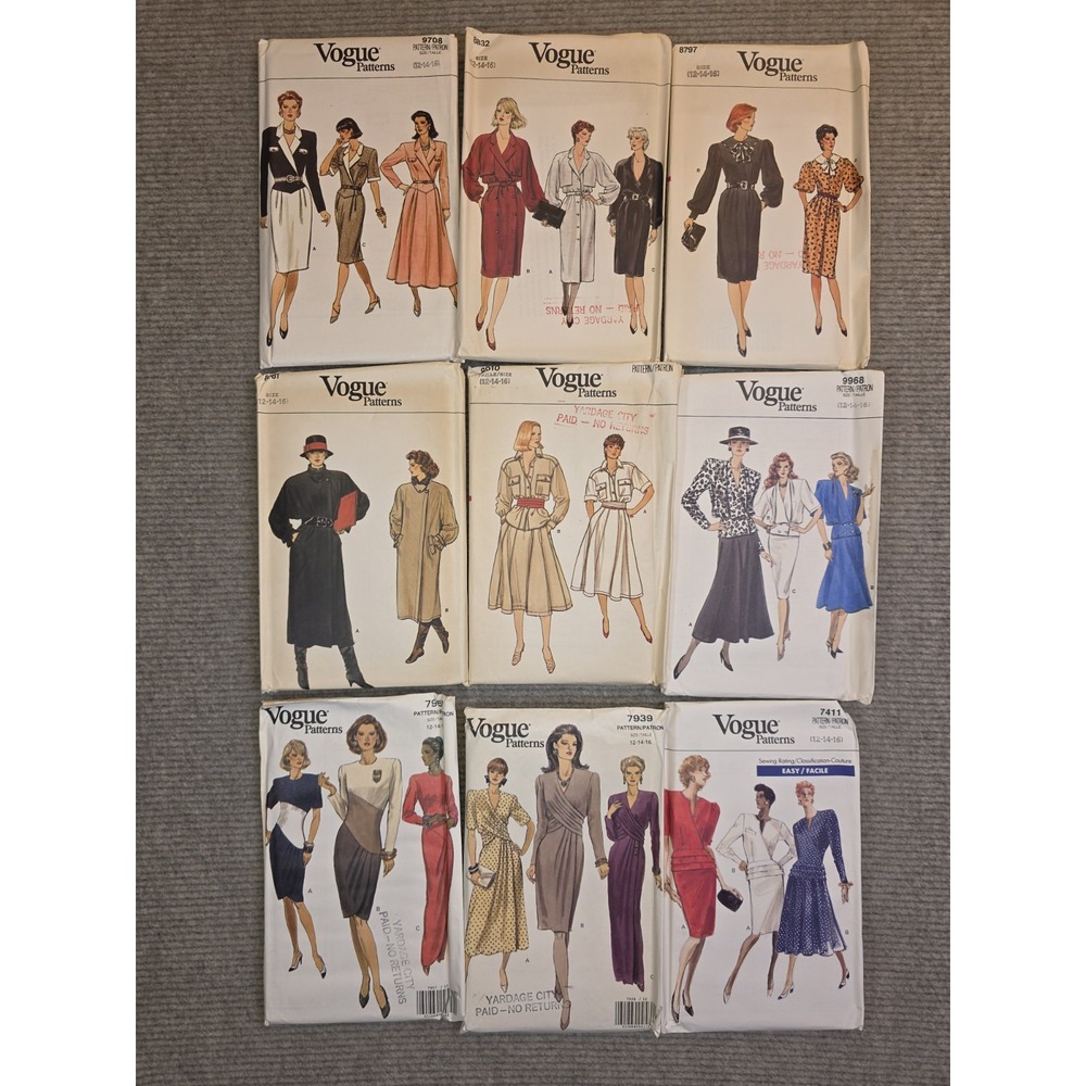 Vintage Vogue Sewing Patterns Dresses Coat 80s-90s Lot of 9 Uncut Size 12/14/16